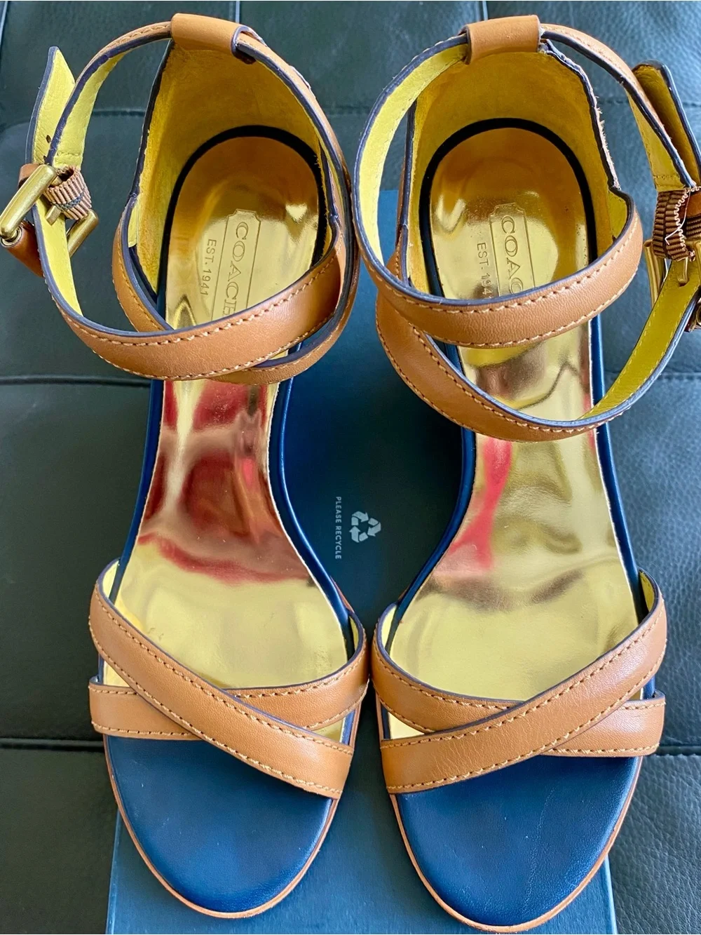 Coach Tan Leather Wedge Sandals with Gold Color Lining